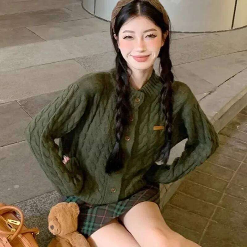 Knitted Cardigan Women Green Soft Vintage Sweaters Coats Tender Korean Fashion Daily High Street Girlish Autumn Z260313
