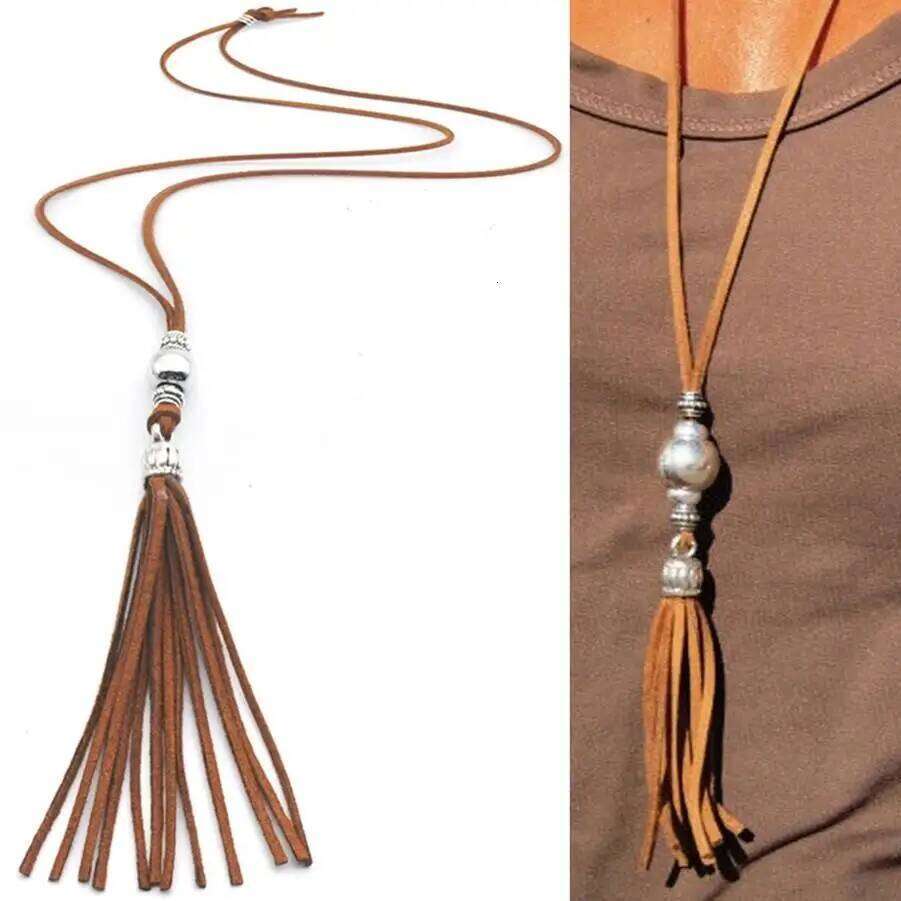 2022 Women Fashion Wild Tassel Long Bead Pendant Necklace Faux Suede Female Sweater Chain Accessoies Trendy Moana Kolye Choker H260312