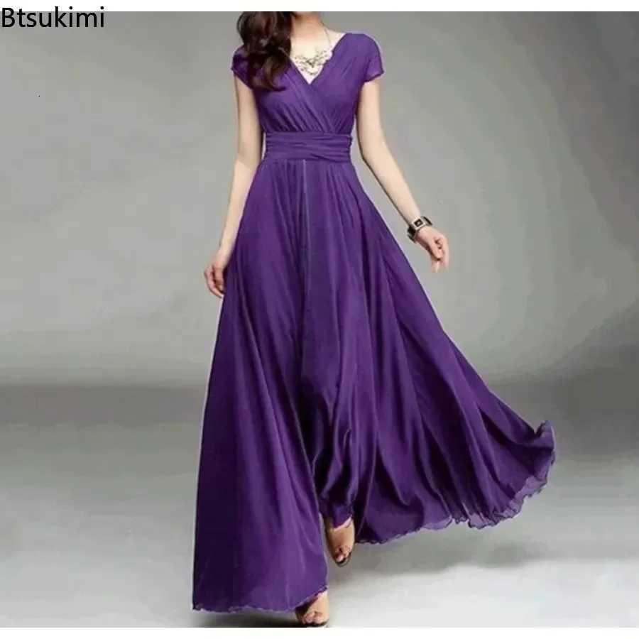 2026 Womens V Neck Short Sleeve Evening Party Dress Temperament Solid Colour Long Cocktail Chiffon High Waist Summer DressesT260316