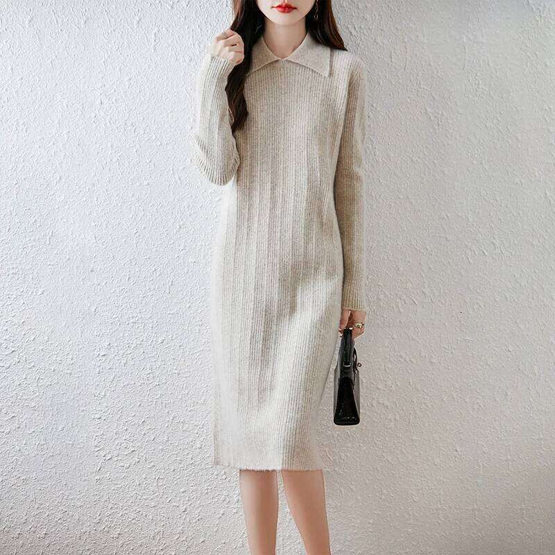 Yoyoselect 100% Merino Wool Women's Polo Collar Autumn Winter Straight Soft Warm Dresses Cashmere Knitted OL Dress Z260313