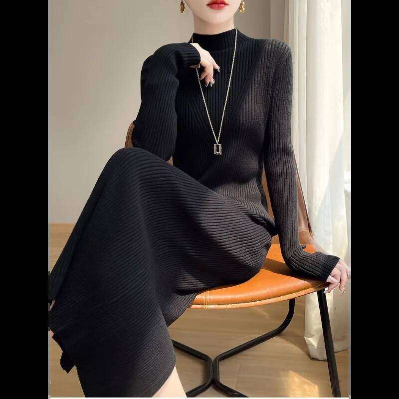 New Autumn Winter Dress Half Turtleneck High-end Inner Layer Bottoming Knitted Sweater Long Skirt for Women Z260314