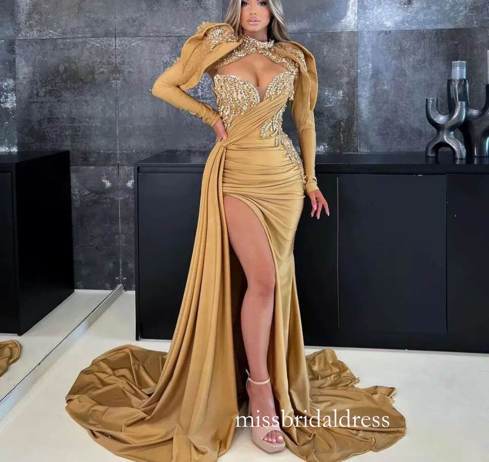 Sexy Gold Mermaid Prom Dresses Long Sleeves V Neck Halter Detachable Shawl Appliques Lace Side Slit Satin Evening Dress Plus Size Robe De Soiree Marie
