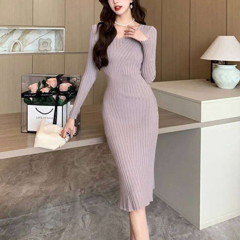 Korean Vintage Knitted Dresses Autumn Winter New V-Neck Long Sleeve Women's Clothing Slim Solid Color Elegant Bag Hip Midi Dress Z260314