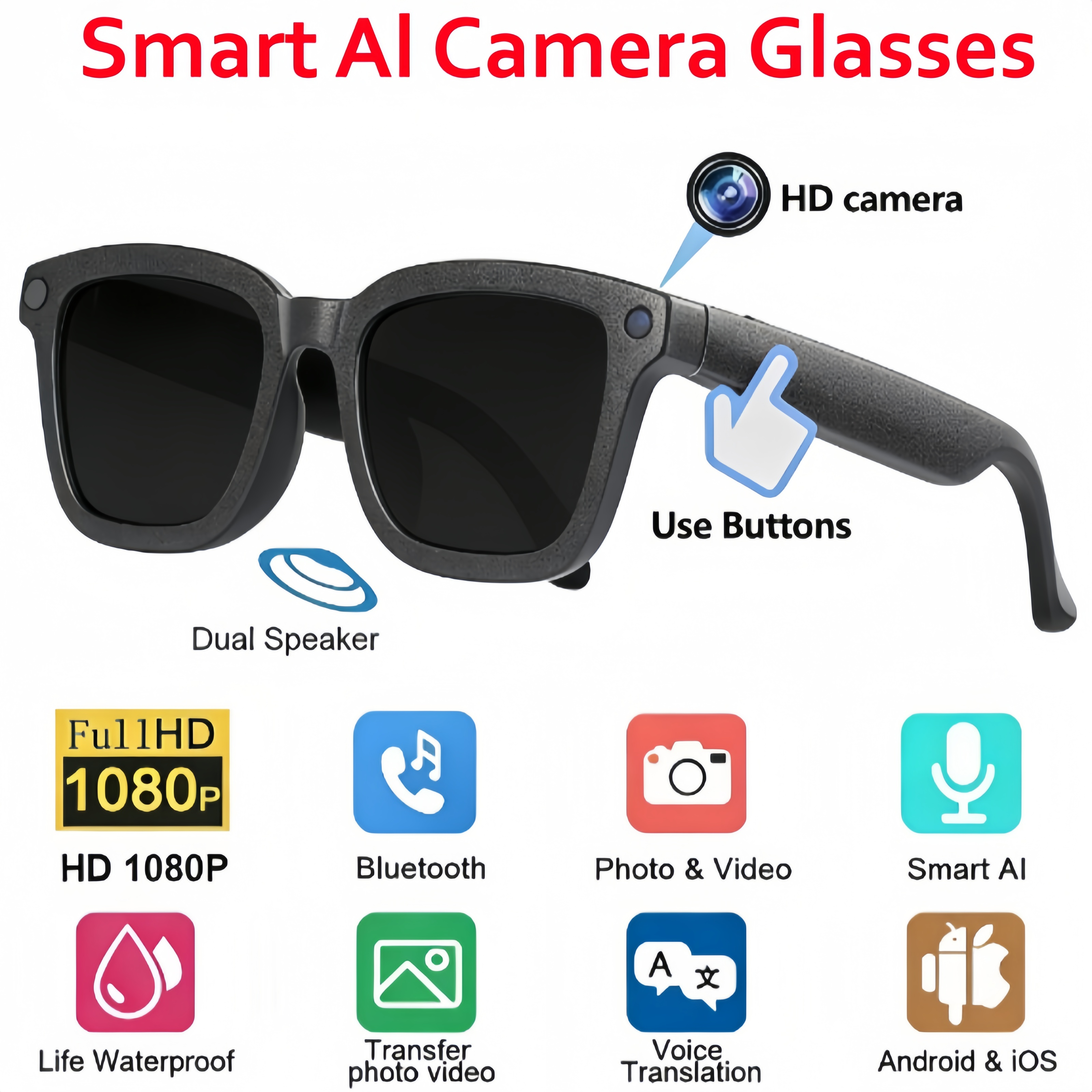 2026 New Smart Glasses Sunglasses Bluetooth Call Photography AI Translation High-definition Anti-shake New Style 1080P Video Recorder Voice Assistant