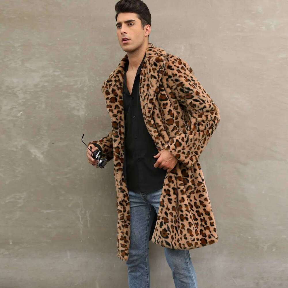 European American New Fashion Men's Leopard Casual Trendy Simple Basic Loose Turn-down Collar Long Sleeve Faux Fur Coats Tops Z260313