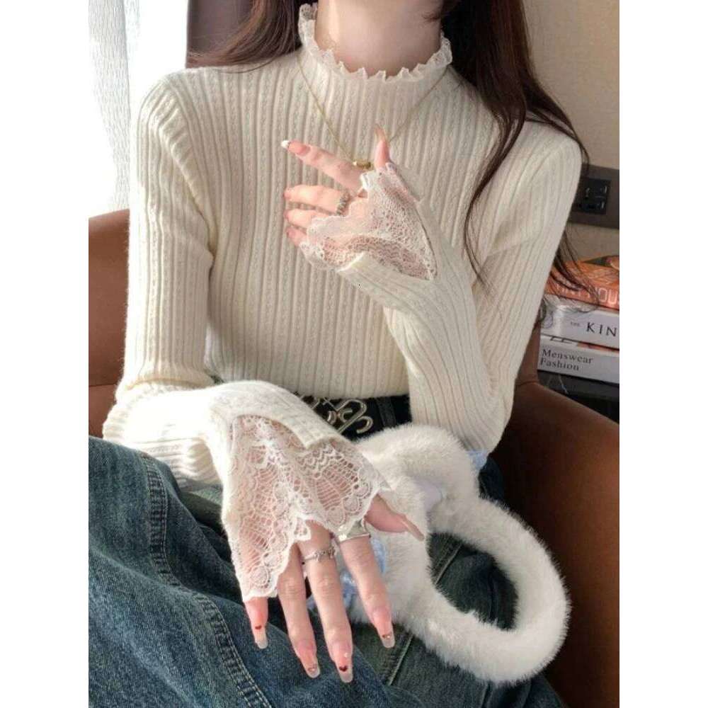 Autumn Winter Turtleneck Skinny Elastic Knitted Pullovers Women Solid Color Tops Female Long Sleeve Knit Patctwork Lace Sweater Z260314