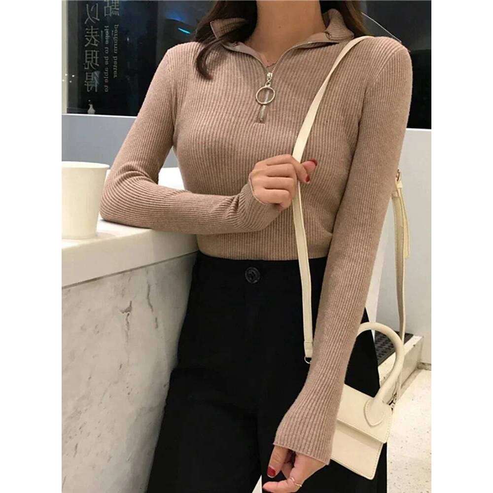 2025 Korea Knitted Zipper High Neck Sweater Pullovers Autumn Winter Basic Women Turtleneck Sweaters Slim Fit Pull Femme Z260314