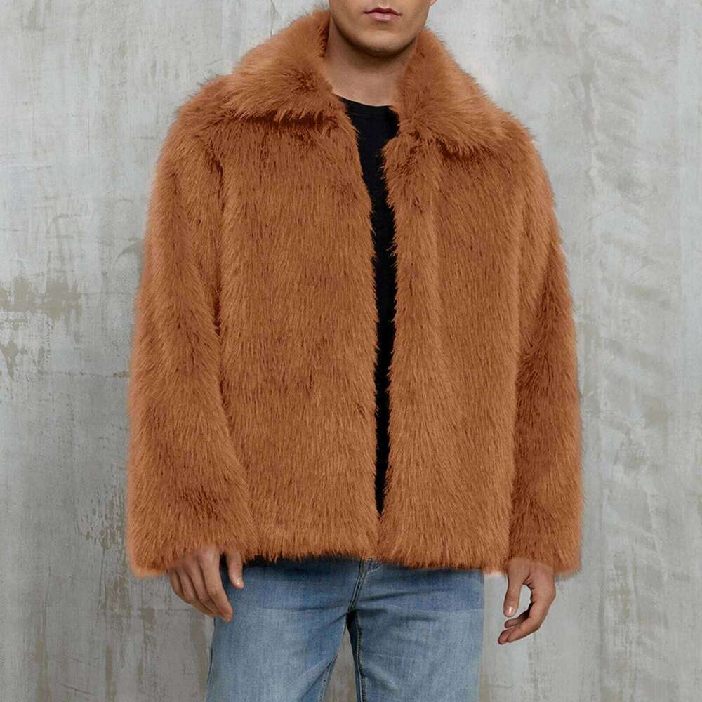 Men Faux Fur Coat Loose Solid Lapel Neck Long Sleeve Open Front Warm Furry Winter Jacket Z260313