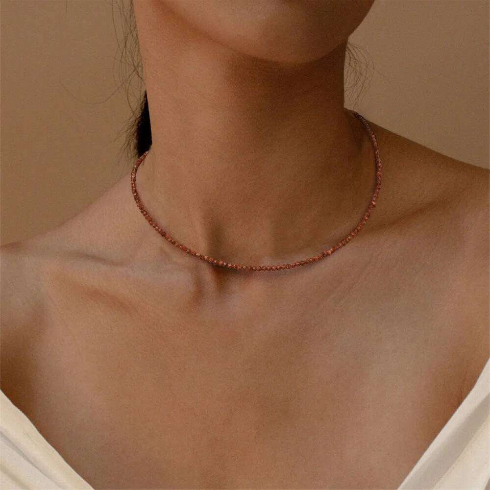 2mm Natural Stone Beads Necklace Simple Female Women Handmade Bohemia Choker Necklaces Tourmaline Crystal Chain Fashion Jewelry H260312