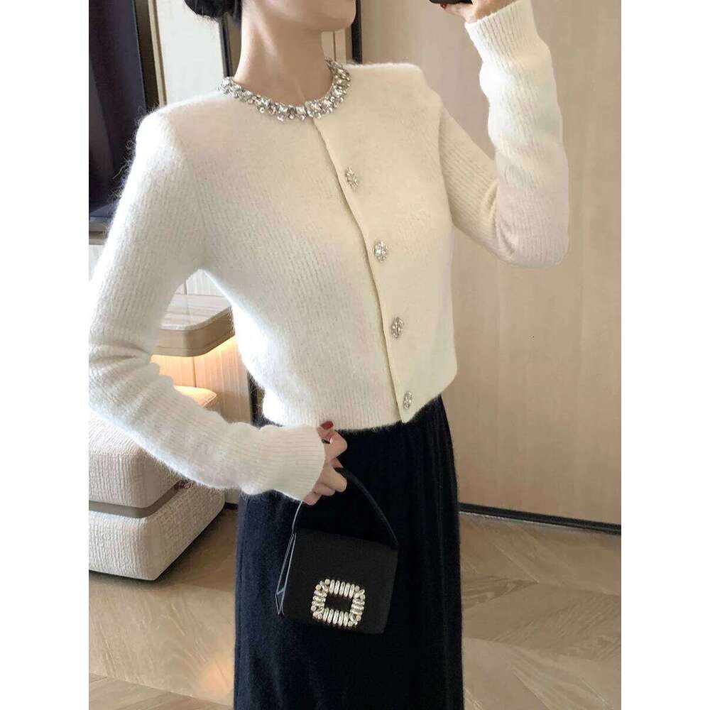 High-End Autumn Knitted Top Decorated Collar Anti-Aging Versatile Ele Sle Long Sve Round Ne Sweater Coat Z260313