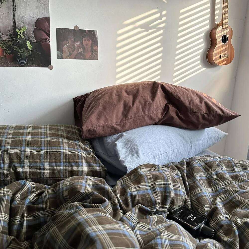 Queen Size Blue, Brown & Green Buffalo Plaid Duvet Cover Set - 3 Piece Vintage Aesthetic Bedding Set, 100% Washed Cotton, M H260312 - view 7