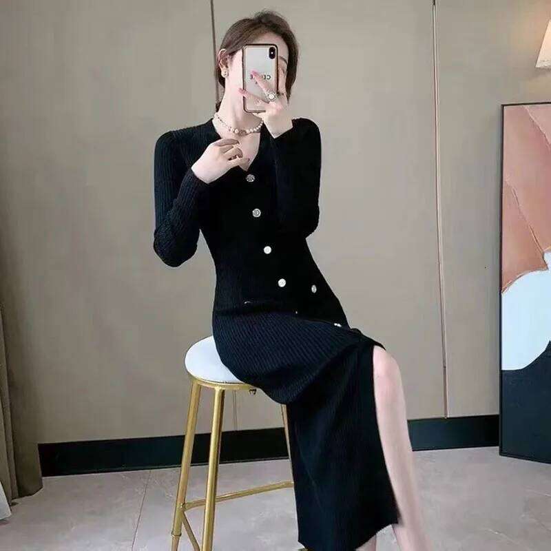 Autumn Winter Knitted Bodycon Midi Women Korean Slim V Neck Single Breasted Long Dress Woman Elegant Split Sweater Dresses Z260314