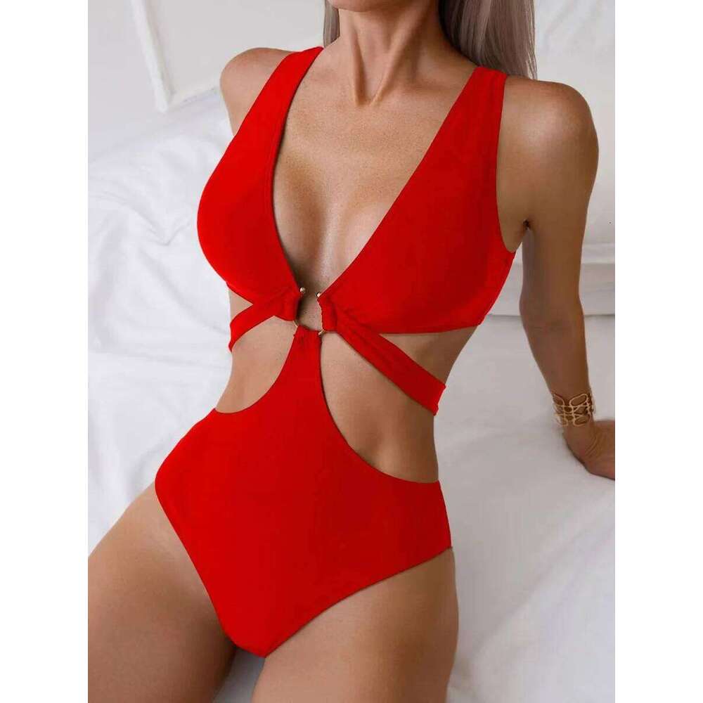 S - XL V Neck High Cut Out One Piece Swimsuit Women Swimwear Female Bather Monokini Cross Bandage Bathing Suit Swim Beachwear Y260303