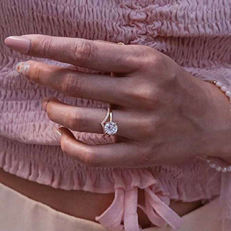 VQYSKO Pointed V Shaped Zircon Simulated Heart Stackable Ring Eternity Bands Women Jewelry Gifts For Her H260312