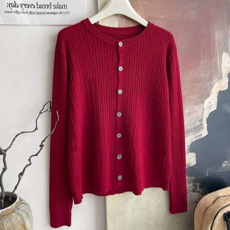 2026 Pure Color Long Sleeve Single Breasted Knitted Sweater Autumn Winter Women's Crew Neck Cardigan New Casual Versatile Tops Z260314