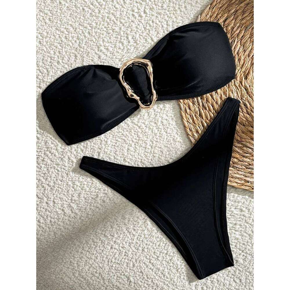 XS - L Metal Ring Bandeau Women Swimwear Female Swimsuit Two-pieces Bikini set Brazilian High Cut Bathing Suit Swim Lady Y260303