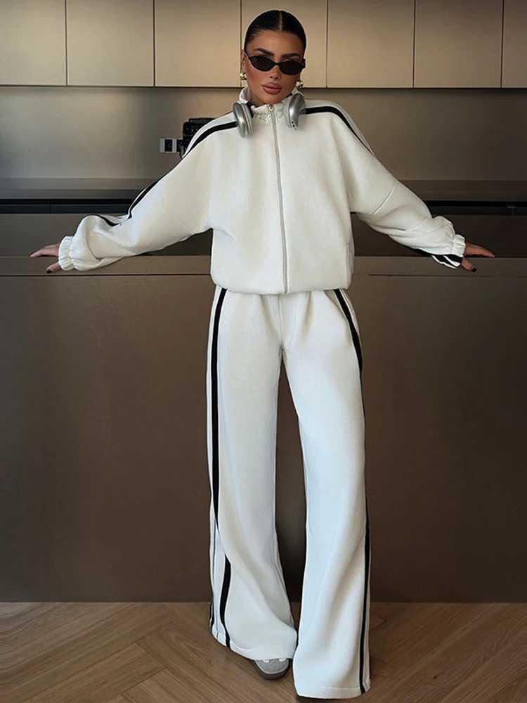 Chic Contrasted Color Women Hoodie Pant Suits Full Sleeve Zippers Wide Leg Pants Lady Set 2026 Spring 2 Pieces Set Women M260313