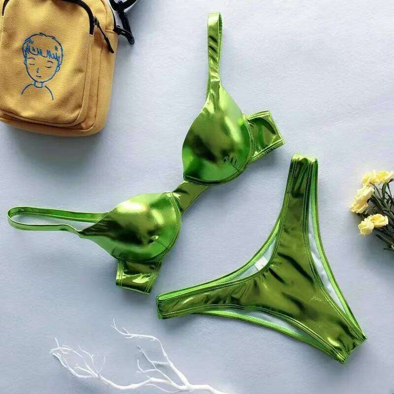 Silver Bright Leather Bikinis 2023 Push Up Bikini Set Female Swimsuit Women Swimwear Bather Bathing Suit Biquini Y260303