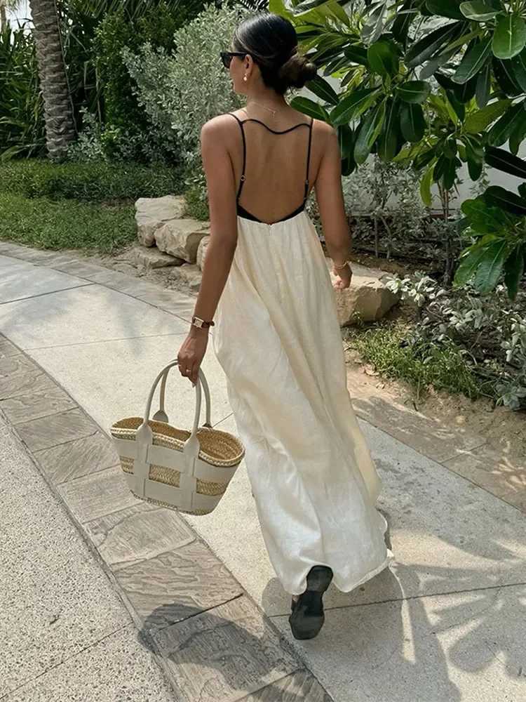 Contrast Splicing Loose Sling Long Dresses Women Square Collar Sleeveless Backless High Waist Dress 2024 Summer Lady Street RobeT260314