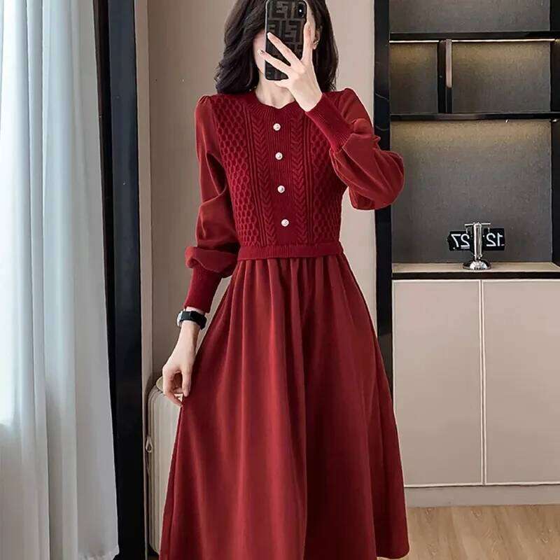 Women NewCasual O-Neck Dresses Autumn Ladies Long Styles Sweater Female Lantern Sleeve Fake Two Pieces Knitted Dress Z260314