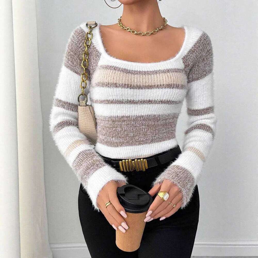 Sweater Pullover Women Knitted Top Stripe Print Square Collar Knitwear Autumn Winter 2025 Streetwear Vintage Knitting Jumpers Z260313