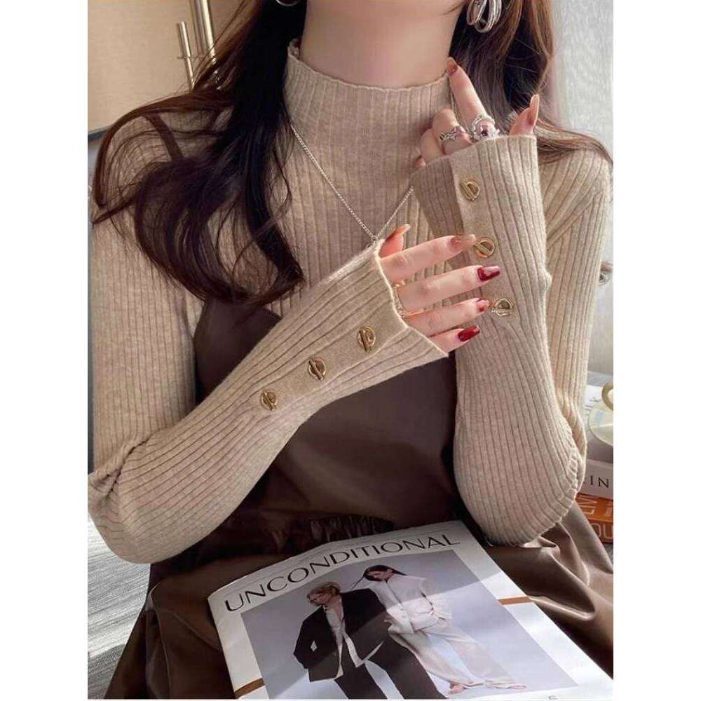2025 Pullovers Women Autumn Winter Knitted Slim Sweaters Solid Button Full Sleeve Half High Collar Sweater Female Casual Tops Z260314