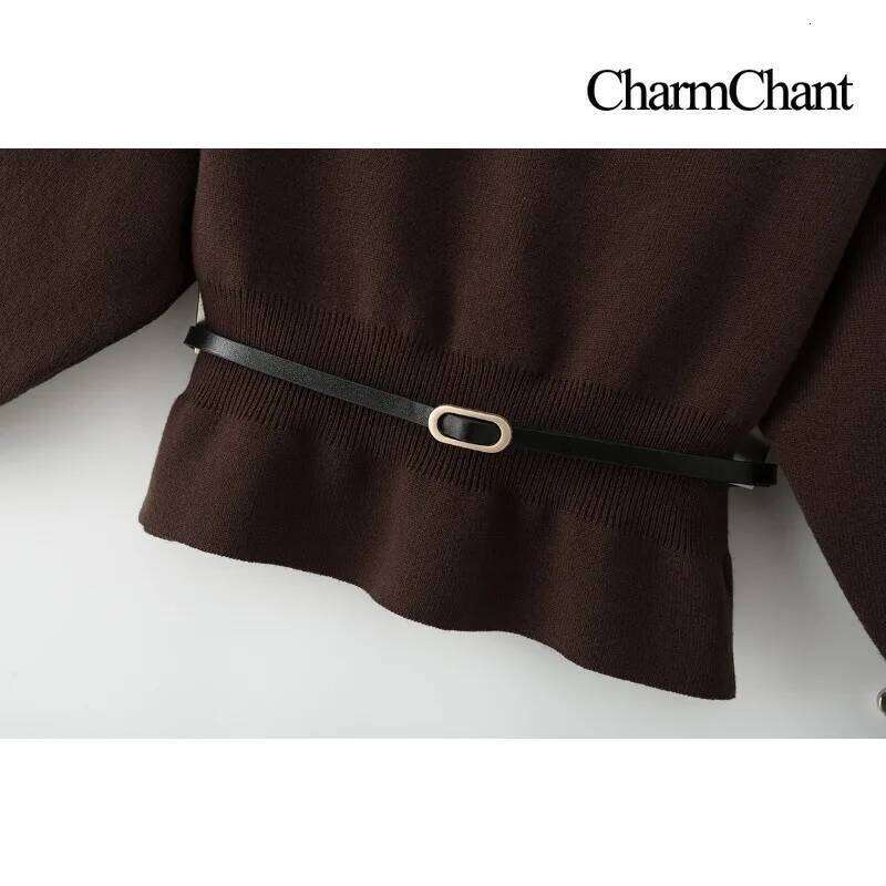 CharmChant Belted Waist Boat Neck Knit Sweater for Women Spring Autumn 2026 Cozy Knitwear Jumper Puff Sleeves Pullovers Woman Z260313