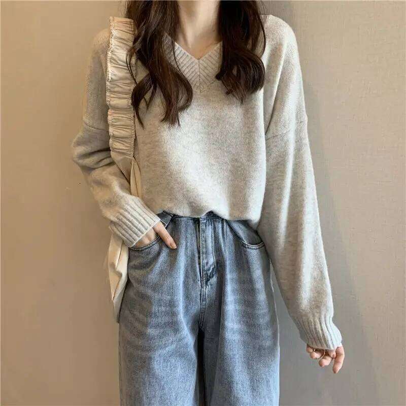 Auyumn Winter Solid Thick Sweet Pullovers V-neck Intellectual Loose Comfortable Temperament Screw Thread Women's Clothing 2022 Z260313