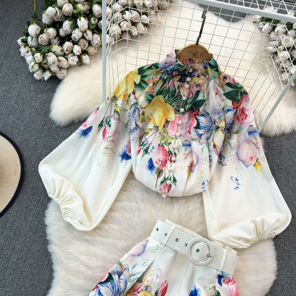 2026 Women's Fashion European and American Style Lantern Long Sleeve Stand Collar Loose Printed Top High Waist Two Piece Set