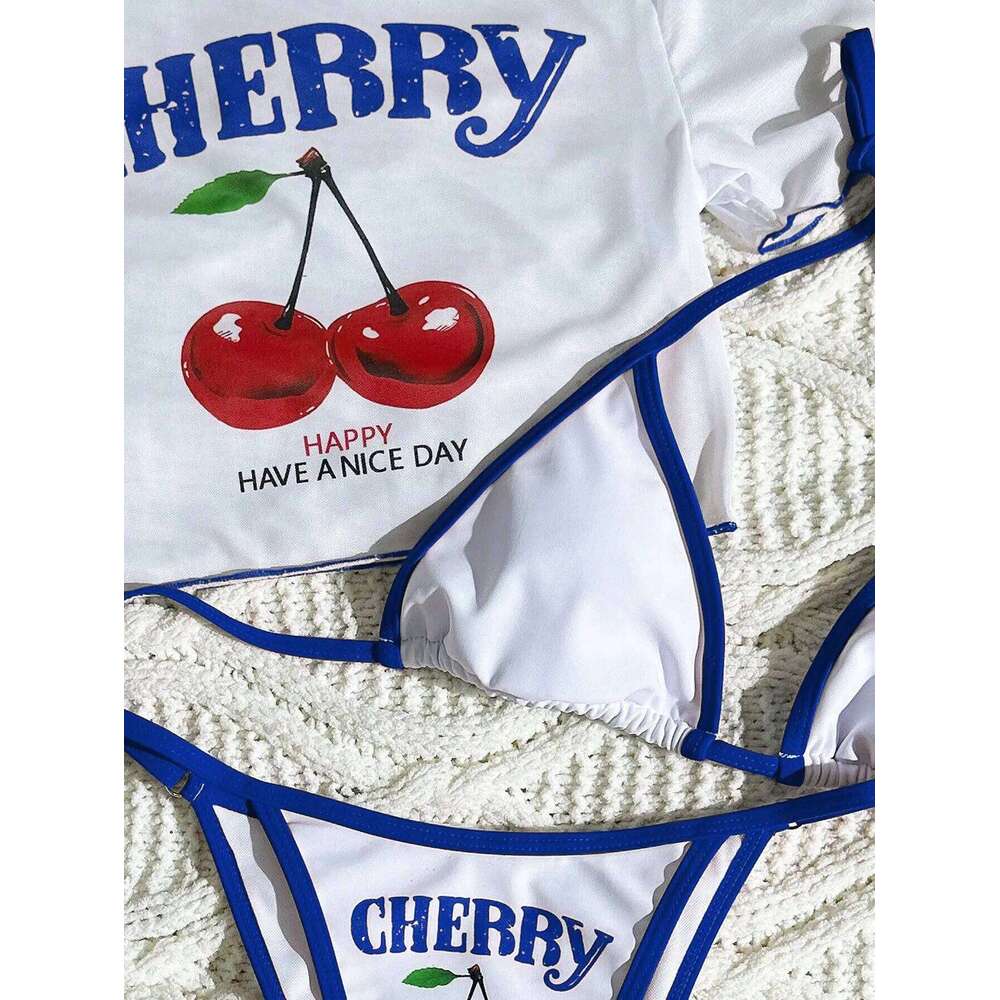 2026New Three-pieces Bikini Set Cherry Printed Short Sleeve Swimsuit Women Swimwear Bather Bathing Suit Swim Biquine Brasileiro Y260303