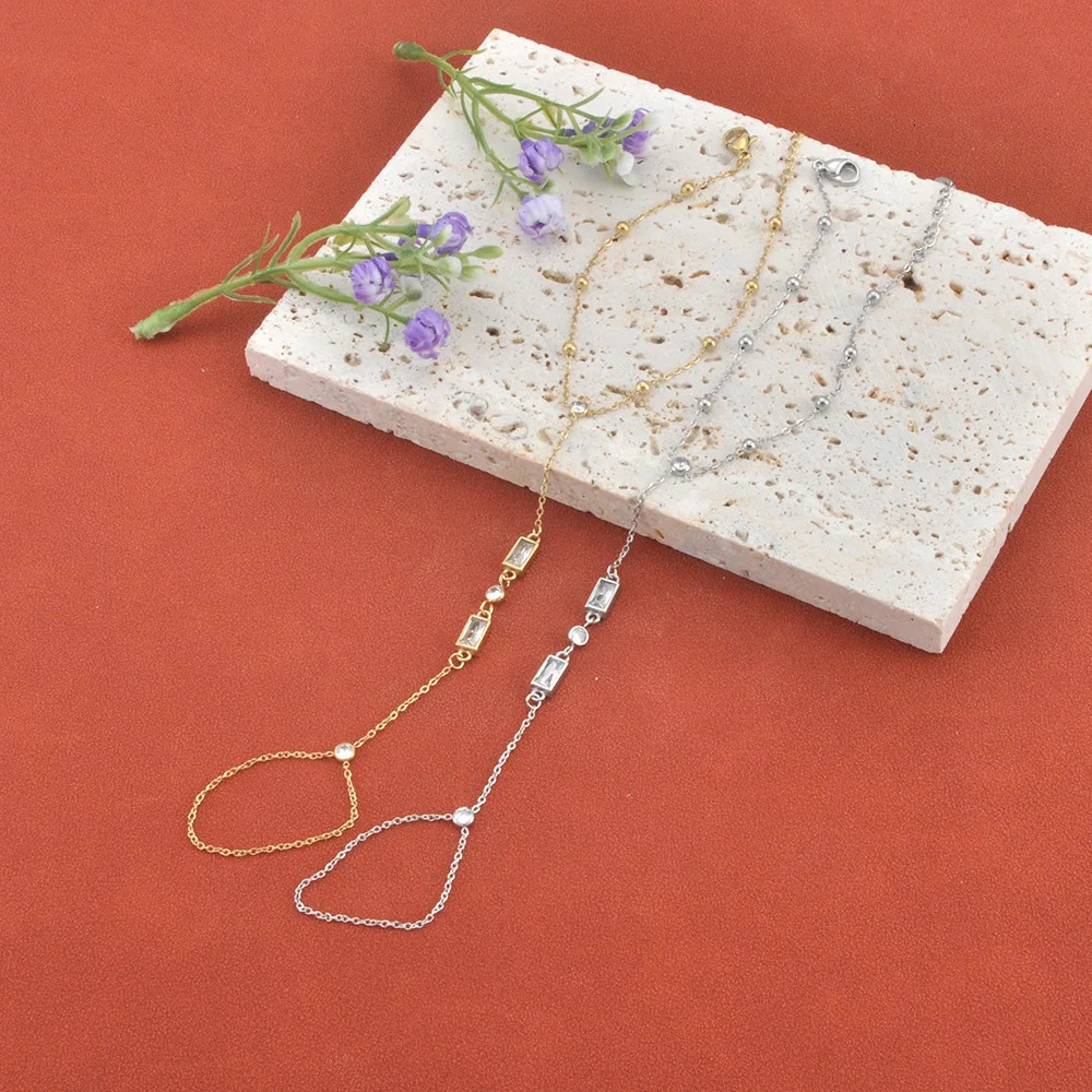 Lokaer Stainless Steel Zircon Hand Chain Bracelet Ring for Women 18k Gold Plated Bracelets Link Adjustable Party Jewerlry B25223 260313