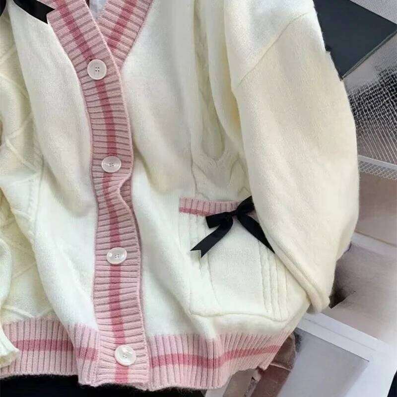Casual Sweet Bow Cardigan Woman Autumn Winter Japanese Classic Preppy Style Knitted Coats Y2K Vintage Contrast Color V-Neck Tops Z260313