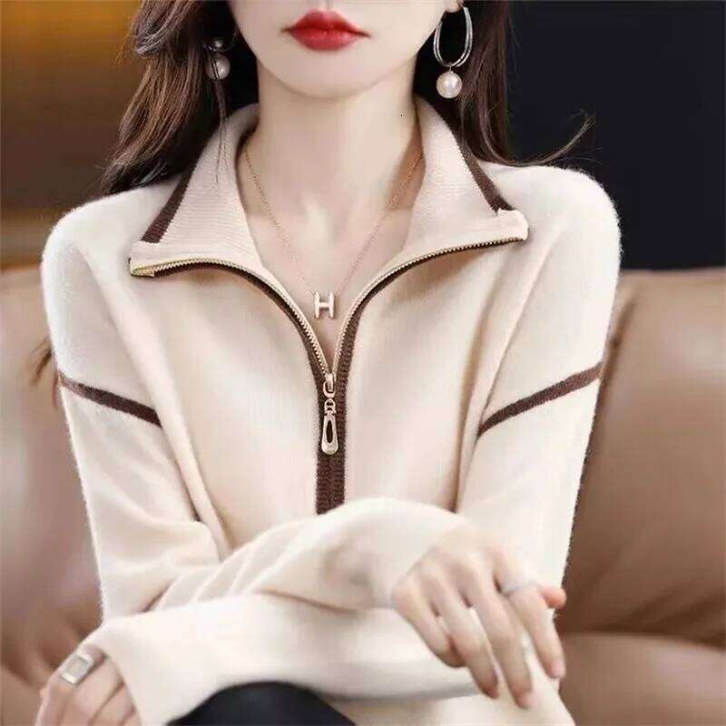 2024 Polo Collar Wool Women's New Half High Zipper Loose Outer Hoodie High-End Base Knit Sweater Solid Color Jacket Lady Z260313