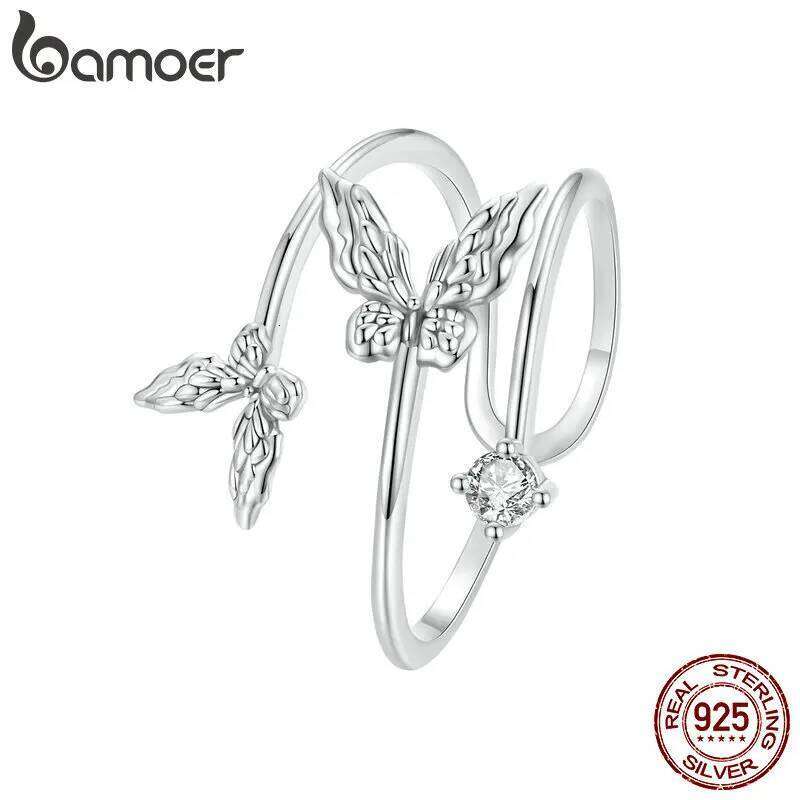 BAMOER Solid 925 Sterling Silver Butterfly Adjustable Open Ring Anniversary Birthday Jewelry Gifts for Women Girls H260312