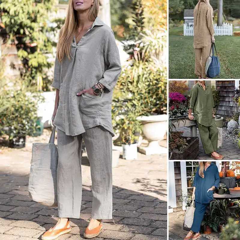 Autumn Womens Solid Color Lapel Long Sleeve Button-up Shirt Loose Wide-leg Trousers Two-piece Suit Womens Fashion Casual Suit M260313