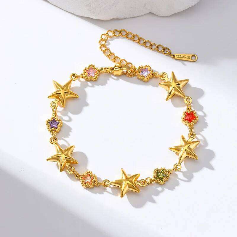 EILIECK 316L Stainless Steel Colorful Star Zircon Charm Bracelet Gold Color Jewelry Trendy Metal Texture Accessories for Women Z260313
