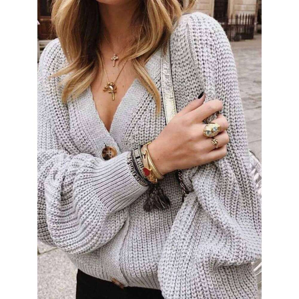 Grey Cardigan Sweater Women Cozy Soft Knit Button Up V-Neck Jumper Basic Knitwear Autumn Winter Outfit Z260313