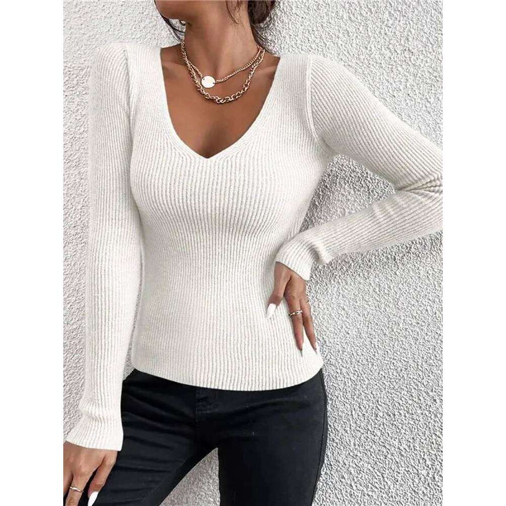 2026 Autumn Winter Women Solid Rib Knit V Neck Stripe Pull Sweater Femme Y2k Long Sleeve Pullover Jersey Tops Fashion Clothes Z260313