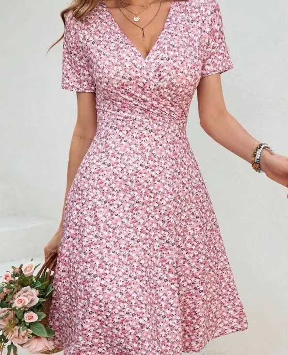 Floral Print Mini Dress Short Sleeve Midi Skirt Womens Fashion Spring Summer V Neck Polyester Fiber Regular Waistline DressT260314