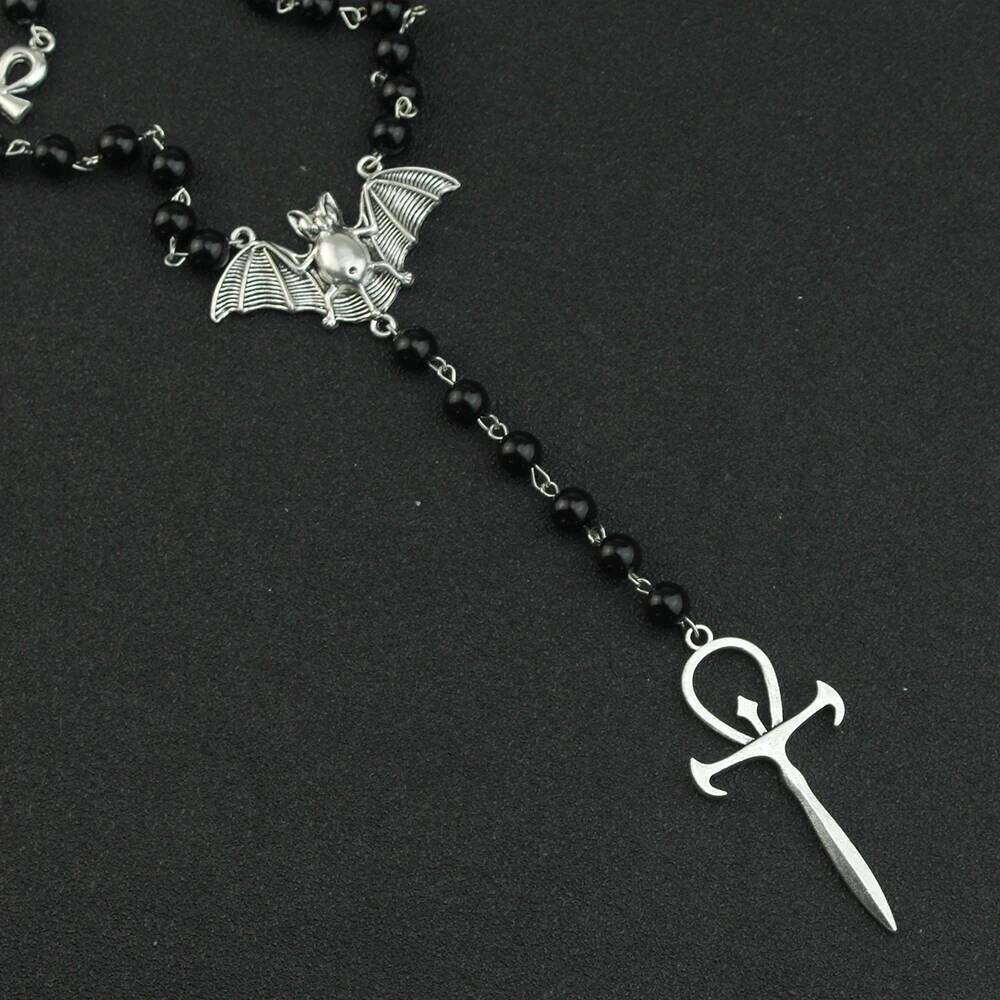 Gothic Vampire Ankh Rosary Occult Vamp Bead Punk Bat Cross Pendant Necklace Handmade Beaded Egyptian Jewelry H260312