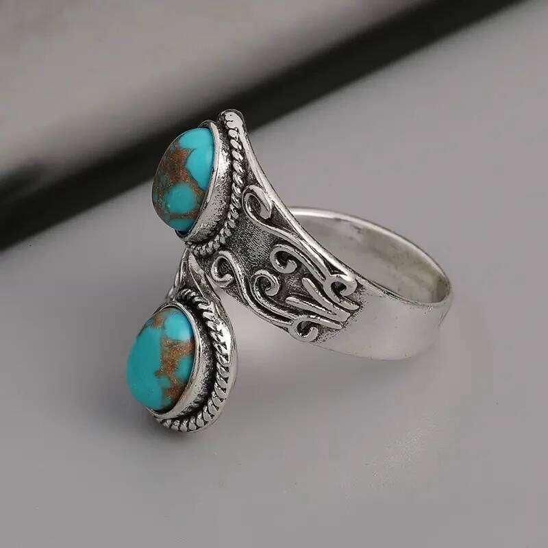 Huitan Vintage Style Opening Ring Female Anniversary Party Accessories Retro Blue Imitation Turquoise Stones Finger Jewelry Gift H260312