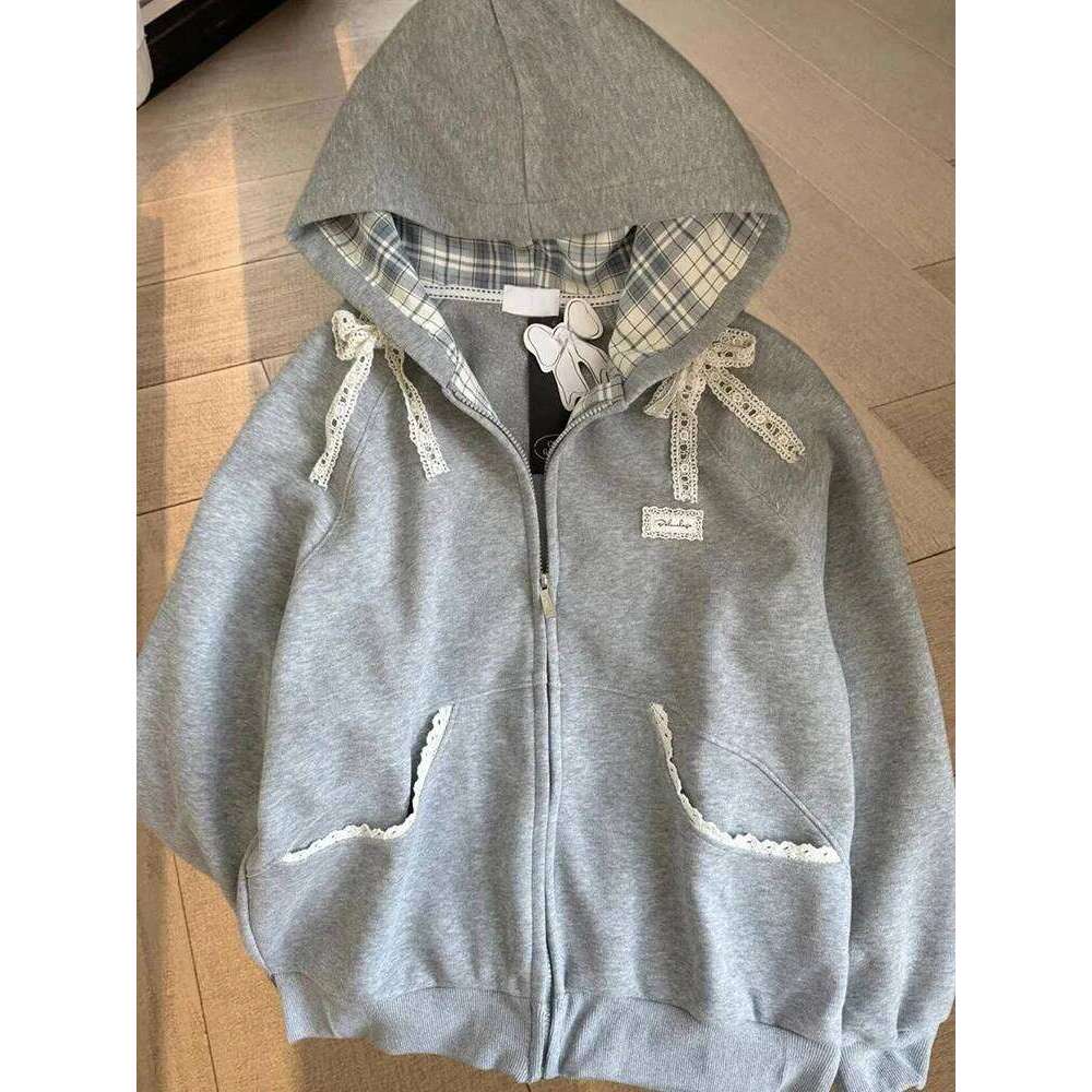 Zoki Lace Patchwork Hoodies Women Cute Bow Sweatshirt Japan Preppy Style Sweet Loose Long Sleeve Female Gray Outwear Z260314