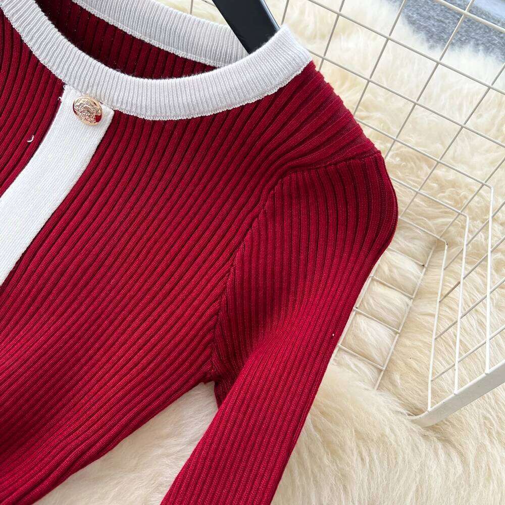 REALEFT Autumn Winter Vintage Patchwork Single Breasted Women's Knitted Dress High Waist O-neck Long Sleeve Sweater Dresses Z260314