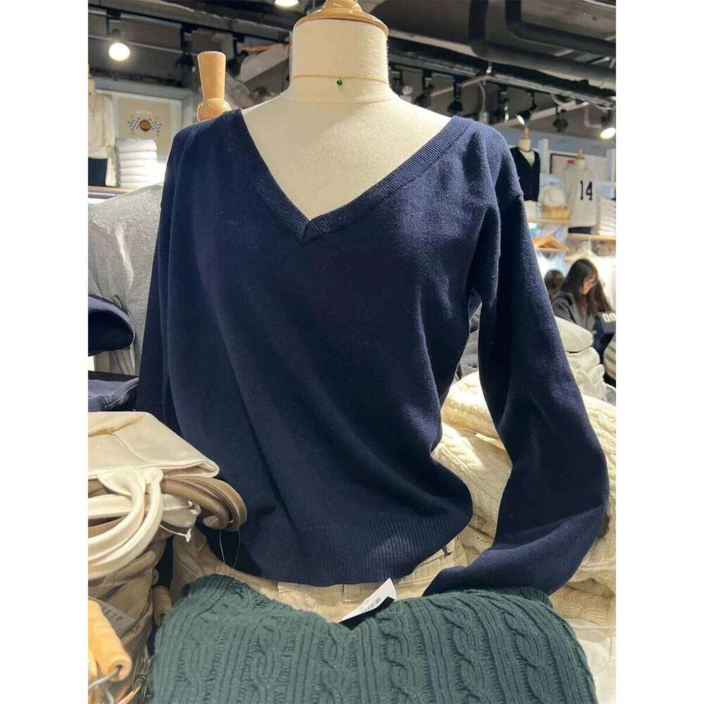 Solid V Neck Vintage Knitted Sweater Women Autumn Winter Cotton Long Sleeve Pullover Jumper Navy Simple Slim Streetwear Tops Y2k Z260313