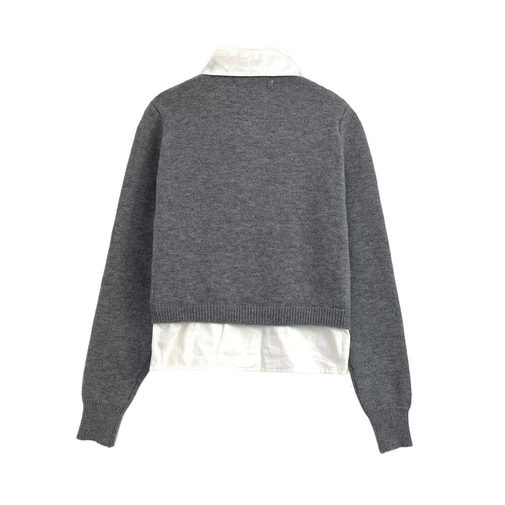 2026 Spring/Autumn Designer Short Fake Two Piece Knitted Cardigan Women's Long Sleeve Pocket Sweater Top