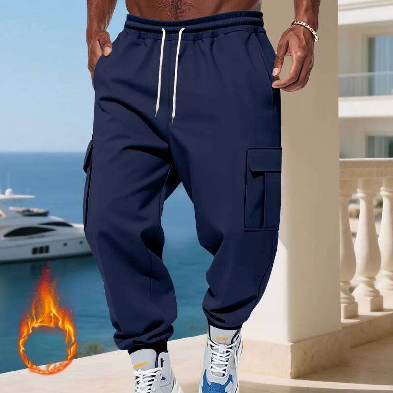 Men's Heavyweight Fleece Casual Pants Autumn Winter American Loose Sports Multi-pocket Cargo Jogging Trousers Z260315
