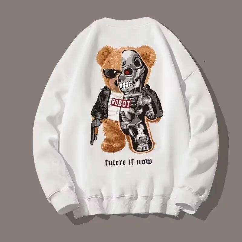 M-8XL Autumn Men Oversized Fashion Loose Steel Muppet Bear Print Sweatshirts Long Sleeve Plus Velvet Couple Clothes Z260314