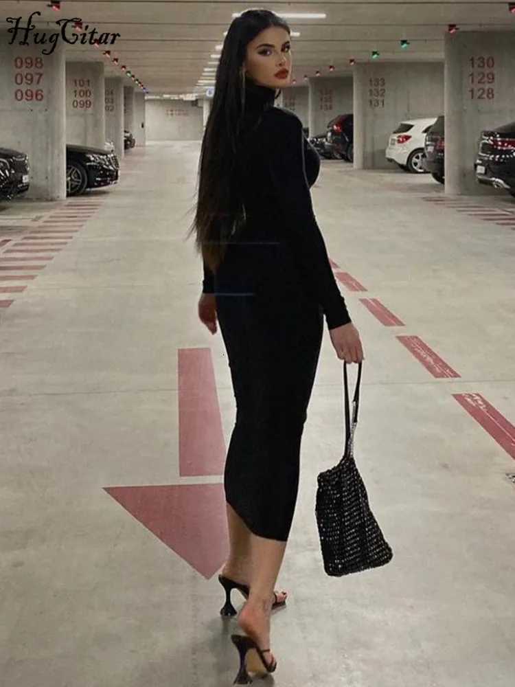 Hugcitar Women Fashion Turtleneck Long Sleeves Black Sexy Bodycon Maxi Prom Dress Fall Casual Clothes Streetwear Party FestivalT260316