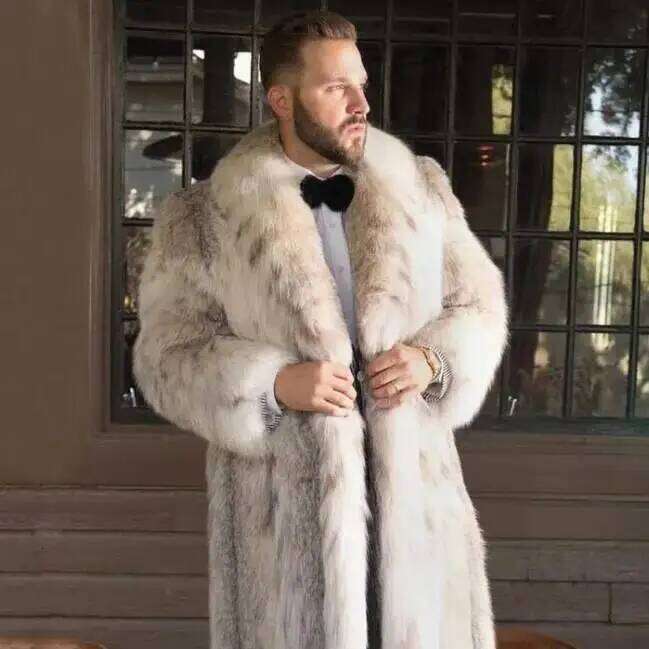 Men Faux Fox Fur Jacket Long Coat Winter Thick Fluffy Warm Shaggy Outerwear Luxury Business Turn Down Collar Overcoat 2025 Z260313