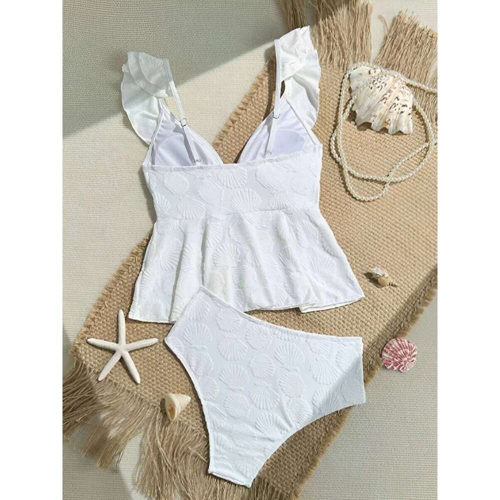 2026 Ruffle Tankini Two Pieces Solid Swimsuit Women Shell White Swimwear Female Bathers Bathing Swimming Swim Suit Beachwear 26H0313